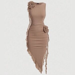 SHEIN Tan One-Shoulder Asymmetrical Ruffle Bodycon Dress